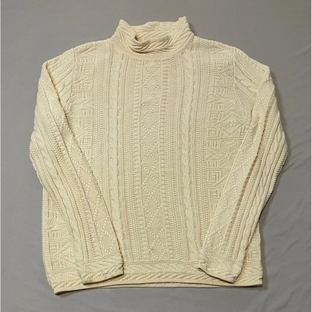 Vintage L.L. Bean Fisherman Sweater Size S Cream Cable Knit Turtleneck 90s Boho